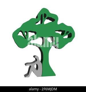 Abstrakter grüner Baum mit einem Mann, der in der Nähe sitzt. 3D. Vektorgrafik. Stock Vektor