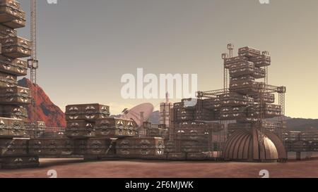 3D-Darstellung einer Kolonie auf einem Mars-ähnlichen roten felsigen Gelände mit Industrie-, Modular-, Architektur- und Kommunikationsantennen, für Science Fiction oder Stockfoto