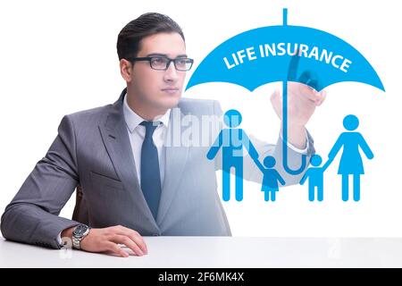 Lebensversicherungs-Konzept mit dem Geschäftsmann Taste drücken Stockfoto