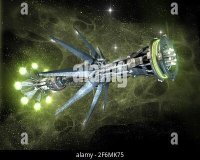 3D-Illustration eines Warp Drive-Raumschiffs auf interstellarer Reise, für Science-Fiction-Kunstwerke oder Videospielhintergründe. Stockfoto