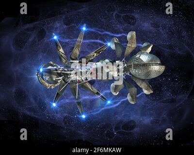 3D-Illustration eines Warp Drive-Raumschiffs auf interstellarer Reise, für Science-Fiction-Kunstwerke oder Videospielhintergründe. Stockfoto