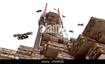 3D-Illustration einer Mars-Kolonie-Struktur mit industriellen, modularen, Architektur und fliegenden Drohnen, wobei der Arbeitsweg der Skyline in der Datei enthalten ist. Stockfoto