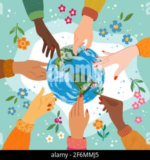 Happy Earth Day-Konzept mit den Händen von Menschen verschiedener Nationalitäten, die sich auf die Erde ausstreckt. Farbige Vektorgrafik in flacher Ausführung. Stock Vektor