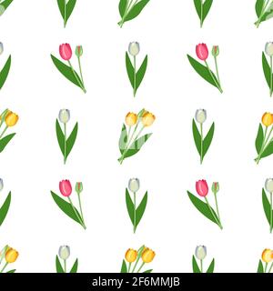 Nahtloses Muster mit Frühlingsblumen Tulpen in verschiedenen Farben. Set von Pflanzen mit hellen Knospen und grünen Blättern Stock Vektor
