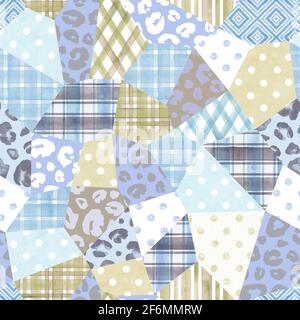 Trendige Nachahmung genähte Stoffstücke im Patchwork-Stil. Aquarell von Hand gezeichnet nahtloses Muster. Collage Textur mit geometrischen, floralen, Leoparden PR Stockfoto