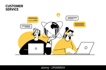 Flache Vektorgrafiken, technischer Support-Assistent, Kunden- und Bedienervektor. Kundendienst, Hotline-Betreiber berät Kunden Stock Vektor