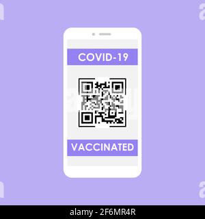 Design des Coronavirus-Impfpass mit QR-Code und Markierung geimpft auf dem Smartphone-Bildschirm. Smartphone in der Hand halten. Vektordarstellung auf isoliert Stock Vektor