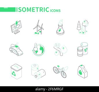 Eco Lifestyle - Moderne Linie isometrische Symbole Set. Recycling, Wassereinsparung, Energiesparkonzepte. Solarmodul, Windturbinen, Kühlturm, für Stock Vektor