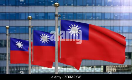 3D-Illustration Taiwanesische Flagge winkt in einer modernen Wolkenkratzerstadt. Schöner hoher Turm mit Taiwan Banner weiche glatte Seide. ensi-gewebe mit Stofftextur Stockfoto
