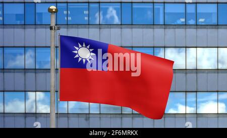 3D-Illustration Taiwanesische Flagge winkt in einer modernen Wolkenkratzerstadt. Schöner hoher Turm mit Taiwan Banner weiche glatte Seide. ensi-gewebe mit Stofftextur Stockfoto