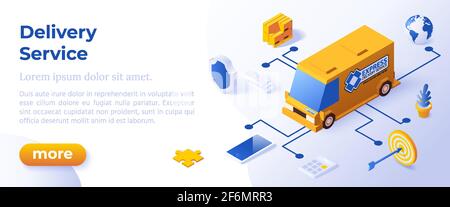LIEFERSERVICE - Isometrisches Design in trendigen Farben Isometrische Icons auf blauem Hintergrund. Banner-Layout-Vorlage für die Website-Entwicklung Stock Vektor