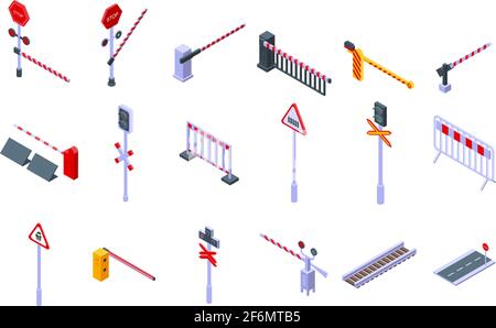 Symbole für Eisenbahnbarriere eingestellt. Isometrischer Satz von Vektor-Symbolen für Eisenbahnbarrieren für Webdesign isoliert auf weißem Hintergrund Stock Vektor