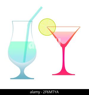 Wein- oder Cocktailgläser mit Stroh und Limettenscheibe. Gradient-Trinkgläser. Vektorgrafik isoliert auf Weiß. Stock Vektor