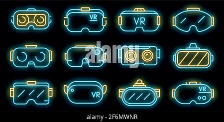Spielbrillen-Symbole gesetzt. Skizzieren Satz von Spiel Brille Vektor-Symbole Neonfarbe auf schwarz Stock Vektor