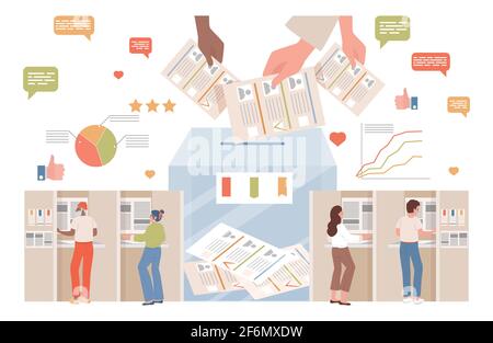 Menschen, die wählen und wählen an der Abstimmstation Vektor flache Illustration. Hände, die Stimmzettel in den Kasten legen. Politische Wahlen, Wahlkampfkonzept mit Infografiken. Stock Vektor