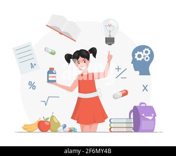 Glückliches Mädchen in rotem Kleid hält Plastikflasche mit Vitaminen Vektor flache Cartoon-Illustration. Ergänzungen und Mineralien für Kinder gut studieren. Ausgewogene und gesunde Ernährung für die Kindererziehung. Stock Vektor