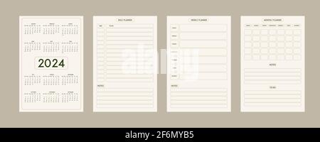 2024 Kalender täglich wöchentlich monatlich persönlicher Planer Tagebuch Vorlage minimalistischer Trendstil, pastellbeige olive natürliche Farbpalette. Die Woche beginnt am sonntag Stock Vektor