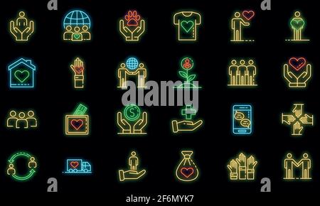 Symbole für Freiwilligenarbeit eingestellt. Skizzieren Sie Set von Freiwilligenarbeit Vektor-Icons Neonfarbe auf schwarz Stock Vektor