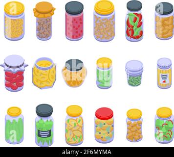 Symbole für eingelegte Produkte gesetzt. Isometrischer Satz von gebeiztem Produkt-Vektorsymbolen für Webdesign isoliert auf weißem Hintergrund Stock Vektor