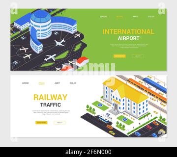 Internationaler Flughafen- und Eisenbahnverkehr - isometrische Webbanner mit Platz für Text. Stadtlandschaften mit Flugzeugen, Hangars und Plattformen, tr Stock Vektor