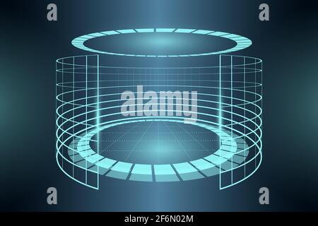 Futuristischer blauer Neonlicht Virtual Reality Ring. Abstrakter Kreis Sci-Fi-Elemente Cyberspace Portal. VR Zylinder Plattform Podium. Digitaler Standfuß für den Teleport. Standfuß Arena Vorlage eps Abbildung Stock Vektor