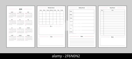 2024 Kalender und tägliche wöchentliche persönliche Planer Tagebuchvorlage im klassischen strengen Stil. Monatskalender individueller Zeitplan Minimalismus zurückhaltendes Design für Business-Notebooks. Die Woche beginnt am sonntag Stock Vektor