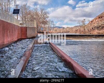 Fischleiter am Wasserabzweigedamm - Watson Lake Dam auf dem Poudre River im Norden Colorados, frühe Frühlingslandschaft Stockfoto