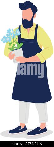 Männliche Floristin in Schürze mit Blume flache Farbe Vektor gesichtslos Zeichen Stock Vektor
