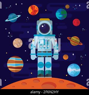 Flache Raumelemente mit Astronaut und Planeten. Stock Vektor