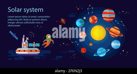 Flache Raumelemente mit Astronaut, Planeten, Raumstation und Satelliten. Stock Vektor