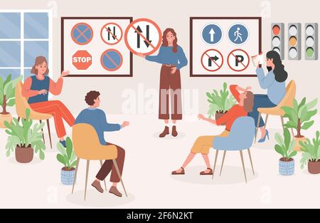 Menschen sitzen im Klassenzimmer, lernen Fahrtheorie, Verkehrszeichen, Verkehrsregeln Vektor flache Illustration. Frau unterrichtet Fahrerinnen Fahrstunden. Männer und Frauen bestehen oder bereiten sich auf die Prüfungen für den Führerschein vor. Stock Vektor