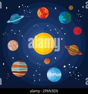 Vektor flach Sonnensystem mit der Sonne, Pluto, Mars, Jupiter, Merkur, Venus, Saturn, Uranus, die Erde, der Mond, Neptun. Stock Vektor