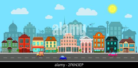 City Street in einem flachen Design und einer Reihe von städtischen Gebäuden. Stock Vektor