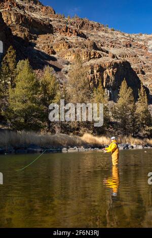 Fliegenfischen in Crooked River Canyon, krummen Wild and Scenic River senken Crooked River National Back Country Byway, Oregon Stockfoto