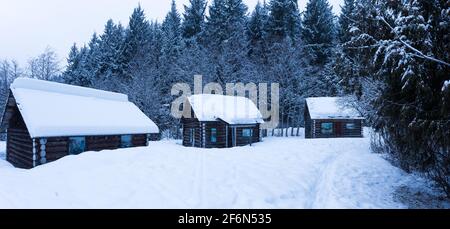 Schneebedeckte Blockhütten im Wald in einem Wald. Stockfoto