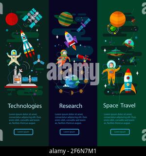 Vertikales Banner des Weltraumuniversums mit flachen Symbolen von Planeten, Raketen, Satelliten, Raumstation und ufo. Stock Vektor