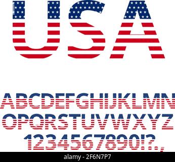 USA National Flag stilisierte flache Schrift. Alphabet und Zahlen im Vektorset Stock Vektor