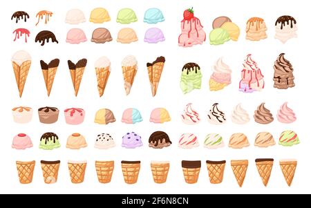 Set aus verschiedenen Eiskegel und Bars Eis mit verschiedenen Geschmacksrichtungen Schokolade Vanille und Früchte Vektor-Illustration auf weißem Hintergrund. Stock Vektor