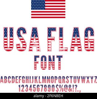 USA National Flag stilisierte flache Schrift. Alphabet und Zahlen im Vektorset Stock Vektor