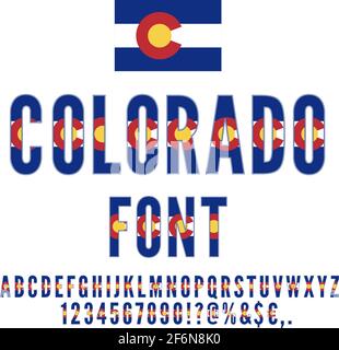 Colorado National Flag flache stilisierte Schrift. Alphabet und Zahlen im Vektorset Stock Vektor