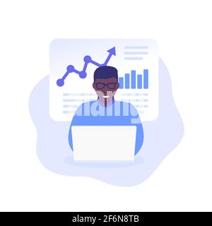 Datenanalyst, Mann, der mit einem Laptop arbeitet, Vektor Stock Vektor