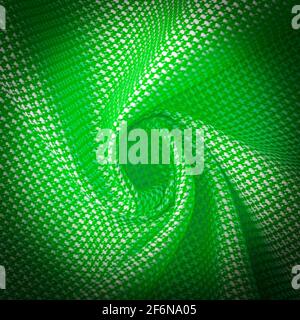 Textur, Hintergrund, Vorlage. Seide andere Baumwolle Stoff grüne Farbe, Seide andere Baumwolle Vorhänge. In Nahaufnahme, Fäden aus Stoff und ein Muster von Textur Stockfoto