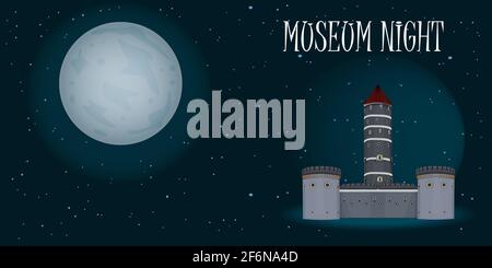 Museumsnacht. Alte Burg am Sternenhimmel Hintergrund. Plakat, Flyer oder Banner-Vorlage für kulturelle Veranstaltungen mit Platz zum Kopieren. Jährliche städtische Kultur publ Stock Vektor