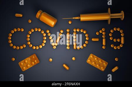 Draufsicht auf die Inschrift Covid 19 aus goldenen Tabletten und Kapseln. 3d-Rendering. Stockfoto