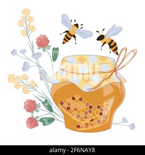 Honig mit darüber fliegenden Bienen und Blumen, flache Vektorgrafik isoliert auf weißem Hintergrund. Honigbienen und Honig dekoratives Bild für Packungen und Stock Vektor