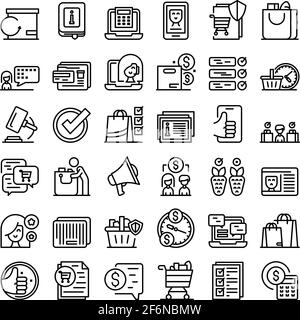 Symbole für Verbraucherrechte eingestellt. Skizzieren Sie einen Satz von Vektorsymbolen für Verbraucherrechte für das Web-Design, isoliert auf weißem Hintergrund Stock Vektor