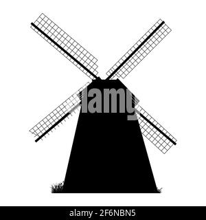 Windmühle Silhouette isoliert auf weißem Hintergrund. Schwarzes Windmühlensymbol, Logo, Schild oder Piktogramm. Symbol für Mühle in flachem Stil. Vektorgrafik für Aktien Stock Vektor