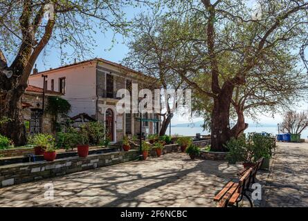 Panorama des historischen Argonauton-Platzes in Afissos, mit alten traditionellen Gebäuden, Platanen und Blick auf den Pagasitischen Golf. Stockfoto