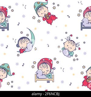 Nahtlose Muster. Nette lustige Kinder schlafen süß auf einem weißen Hintergrund mit Sternen. Vektor. Kinderkollektion für Design, Dekor, Druck, Verpackung, t Stock Vektor