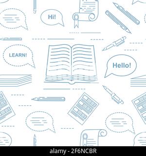 Nahtlose Muster skizzieren Stil Englisch Sprachkurse Symbole Online-Bildung Konzept oder Übersetzungsdienst Vektor Illustration auf weißem Hintergrund. Stock Vektor